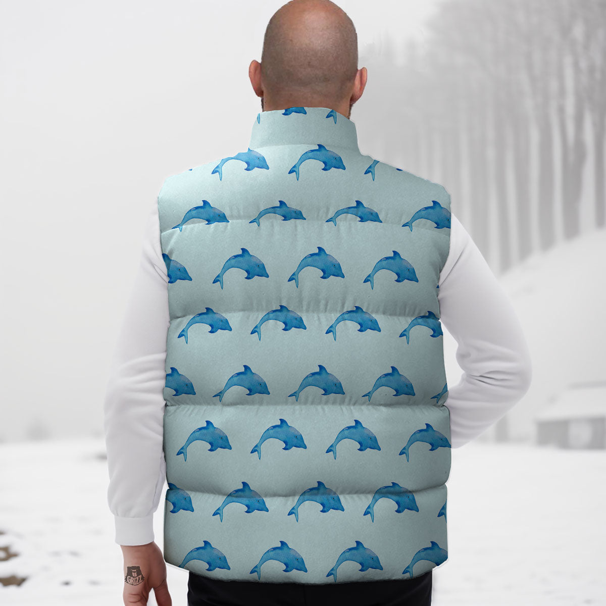 Sea Dolphin Watercolor Print Pattern Down Vest