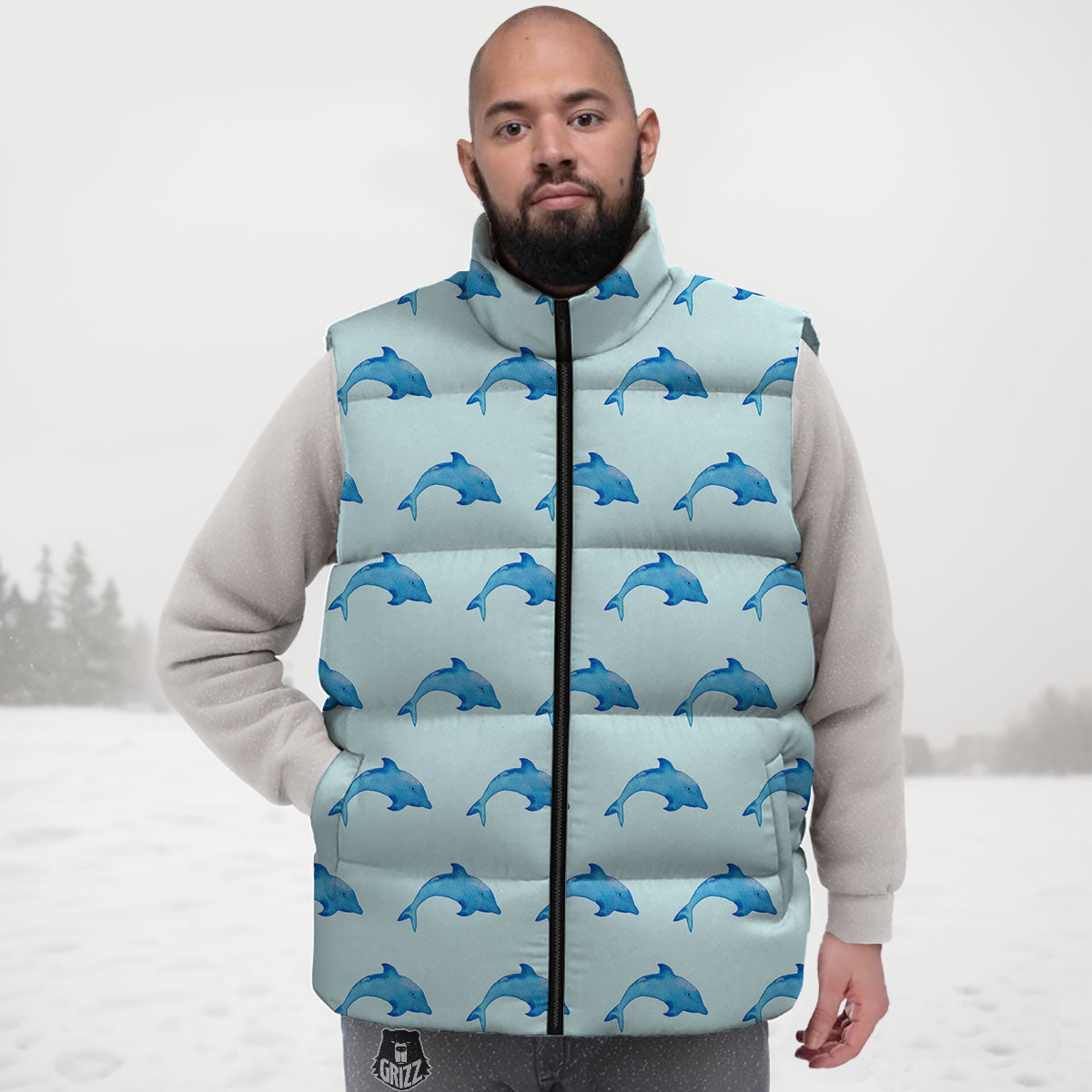 Sea Dolphin Watercolor Print Pattern Down Vest