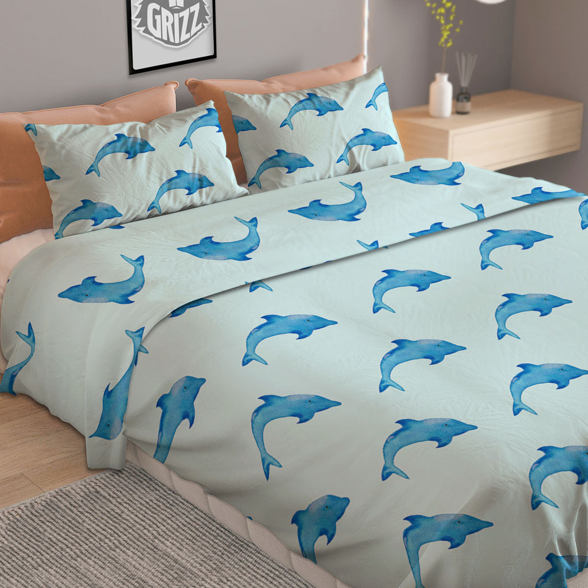 Sea Dolphin Watercolor Print Pattern Duvet Cover Bedding Set