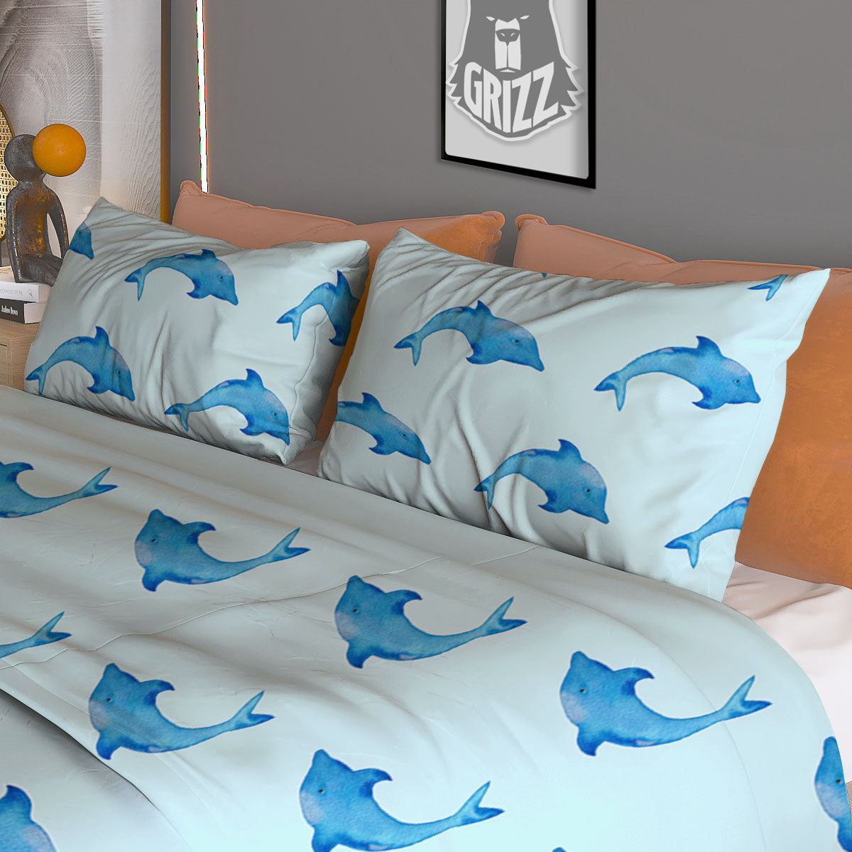 Sea Dolphin Watercolor Print Pattern Duvet Cover Bedding Set