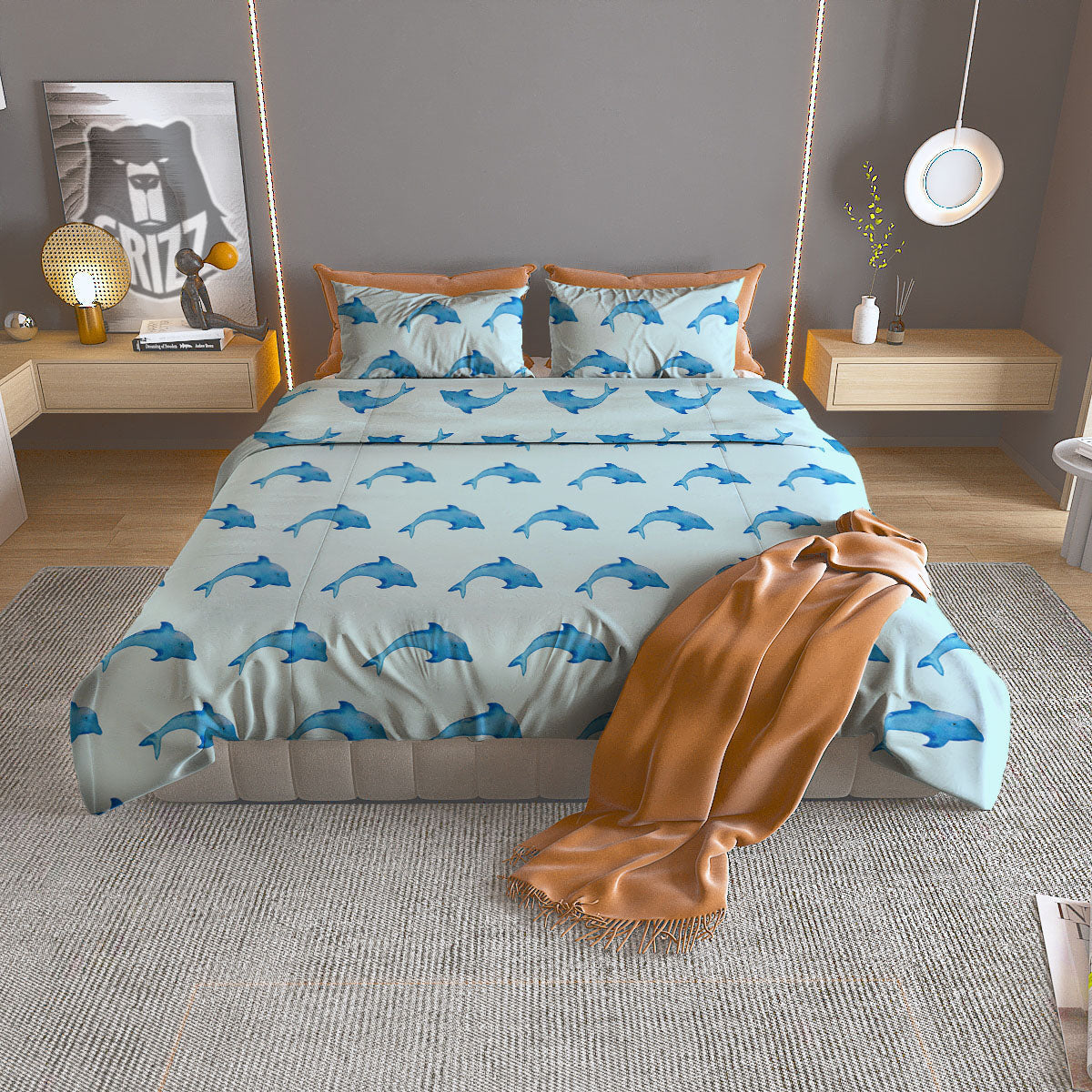 Sea Dolphin Watercolor Print Pattern Duvet Cover Bedding Set