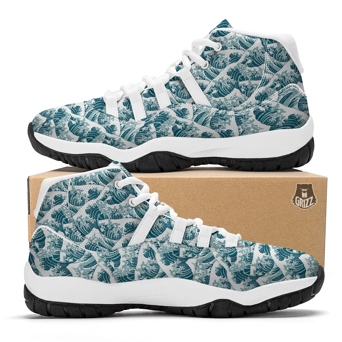 Sea Hokusai Print Pattern White Bball Shoes-grizzshop