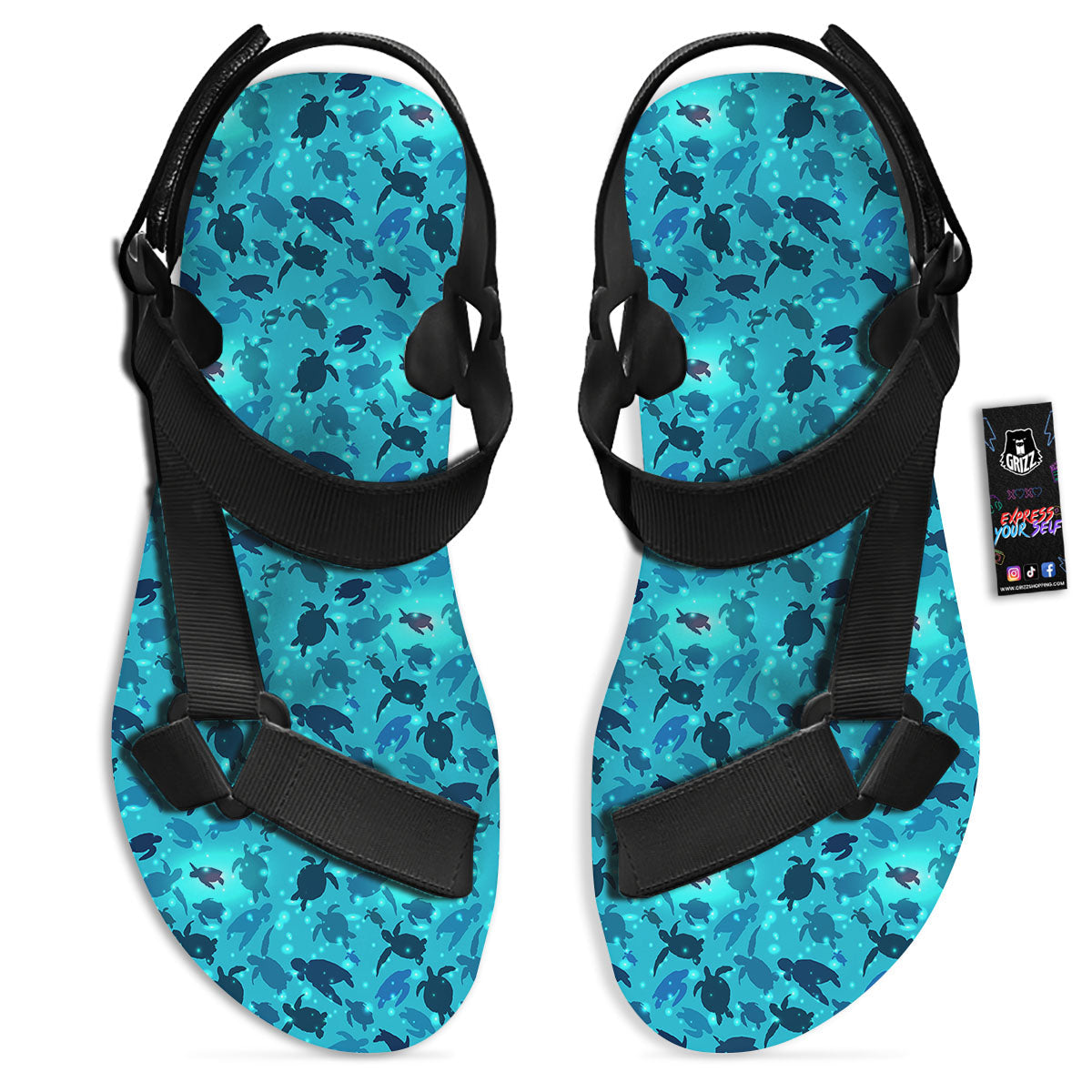 Sea Turtle Black And Blue Print Pattern Black Open Toe Sandals-grizzshop