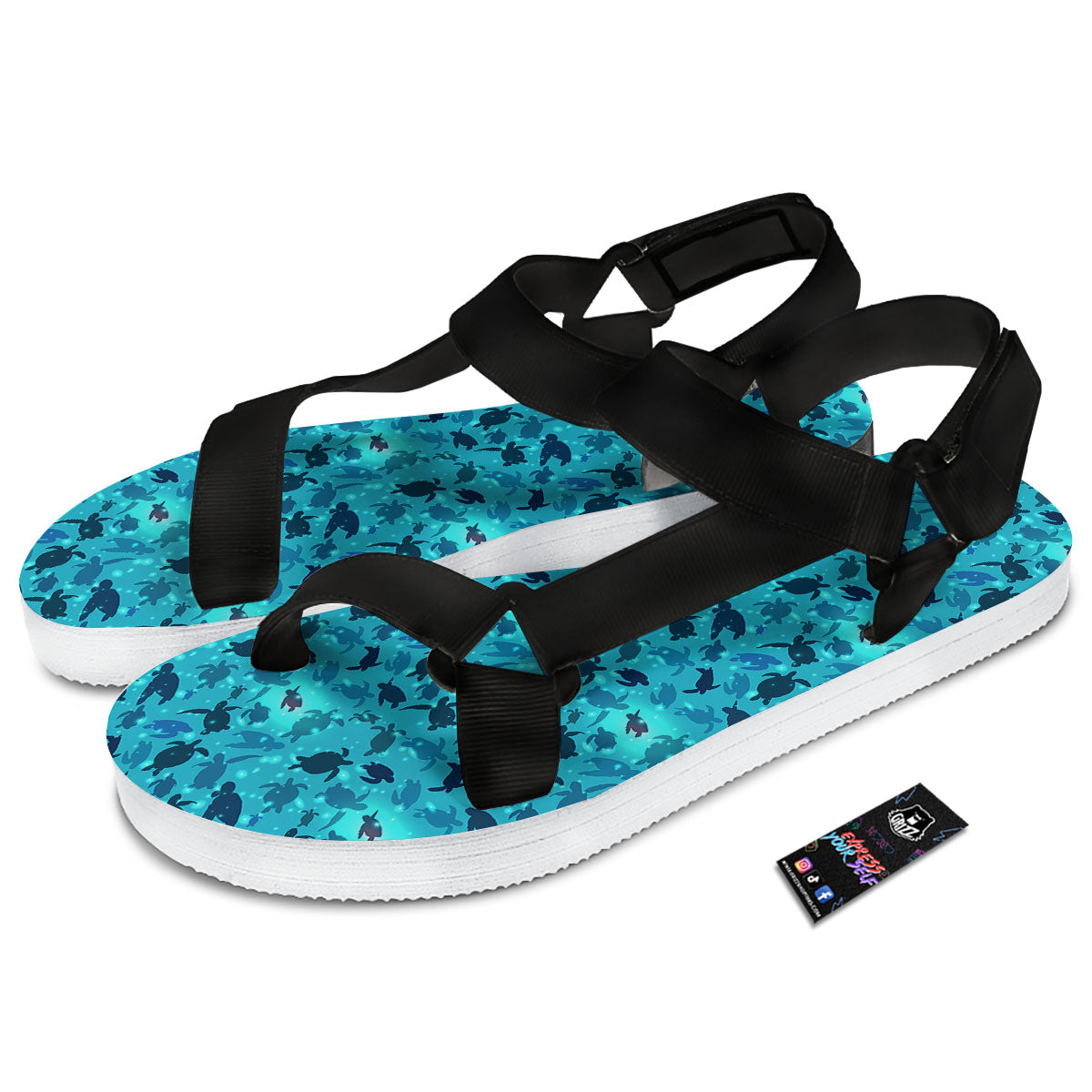 Sea Turtle Black And Blue Print Pattern Black Open Toe Sandals-grizzshop