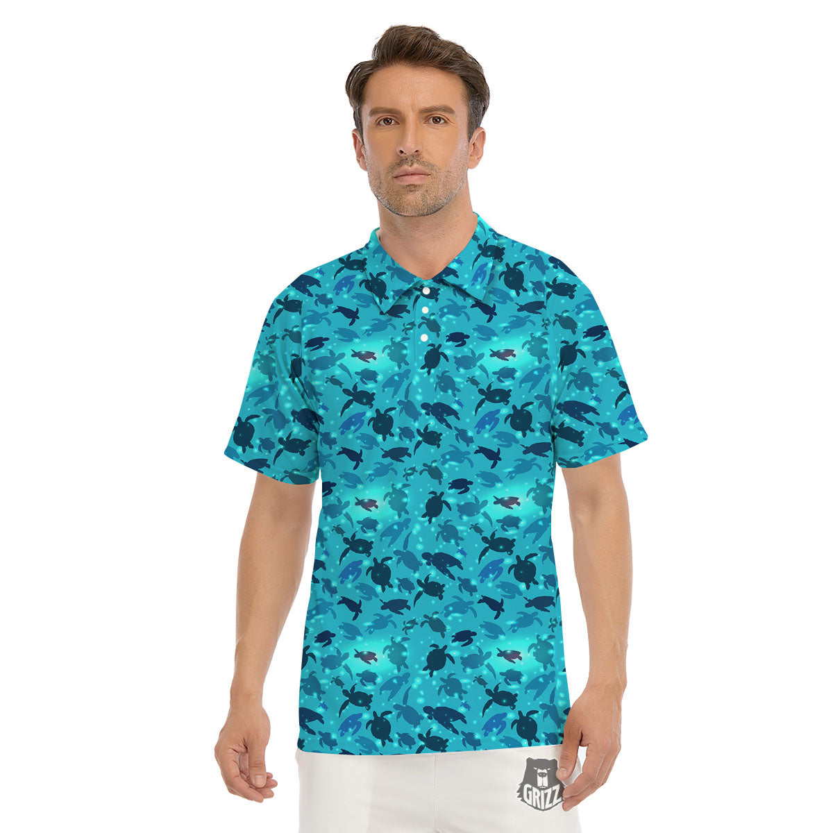 Sea Turtle Black And Blue Print Pattern Men's Golf Shirts-grizzshop