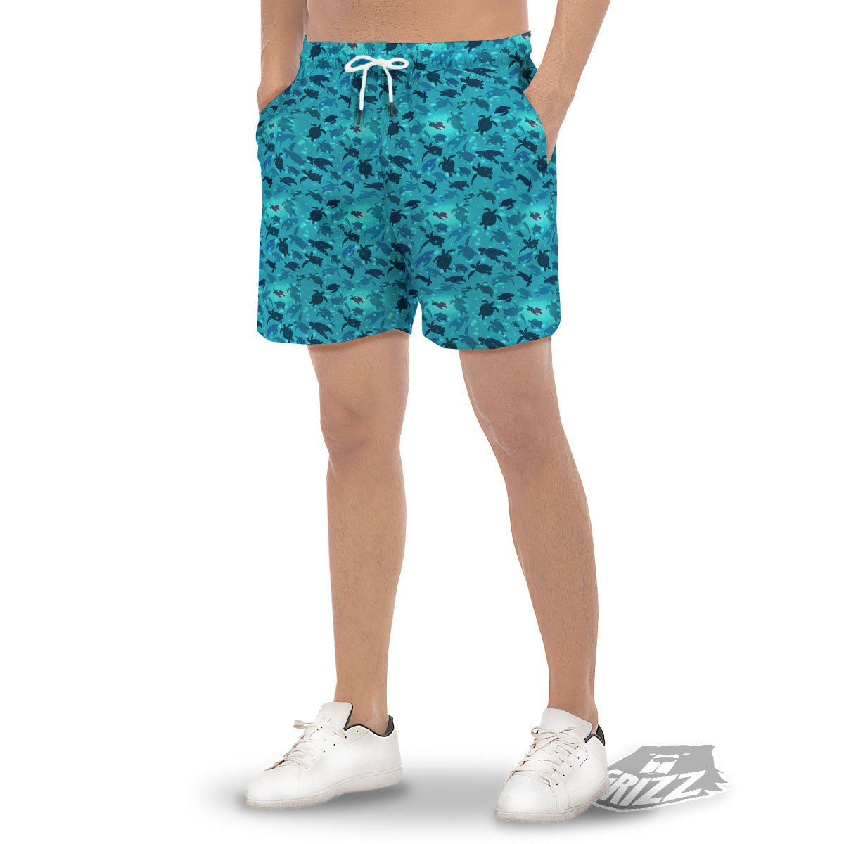 Sea Turtle Black And Blue Print Pattern Men's Gym Shorts-grizzshop
