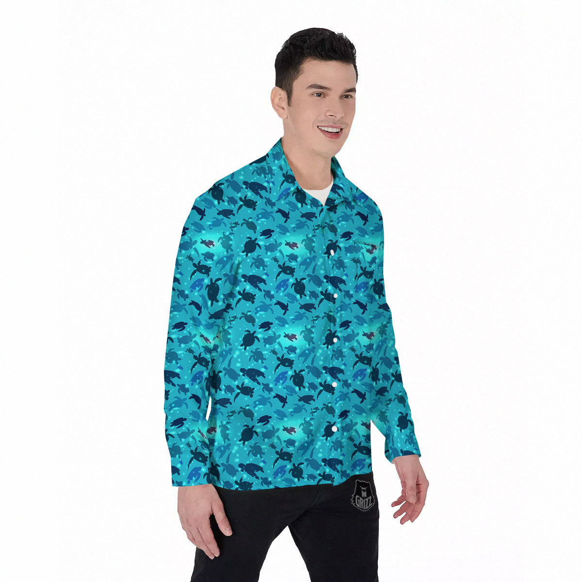 Sea Turtle Black And Blue Print Pattern Men's Long Sleeve Shirts-grizzshop