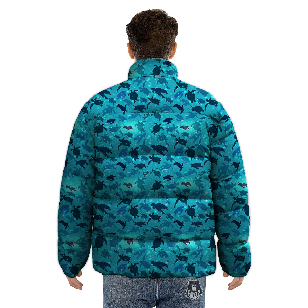 Sea Turtle Black And Blue Print Pattern Puffer Jacket-grizzshop