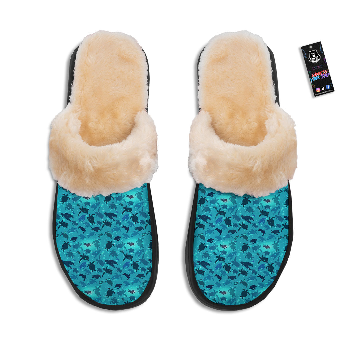 Sea Turtle Black And Blue Print Pattern Slippers-grizzshop