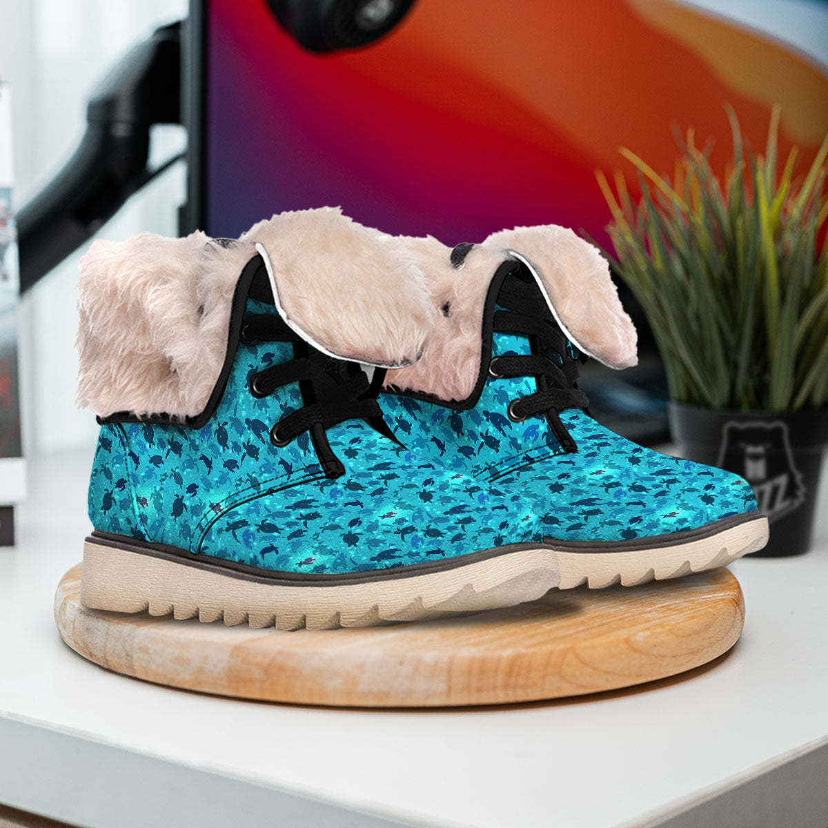 Sea Turtle Black And Blue Print Pattern Snow Boots-grizzshop
