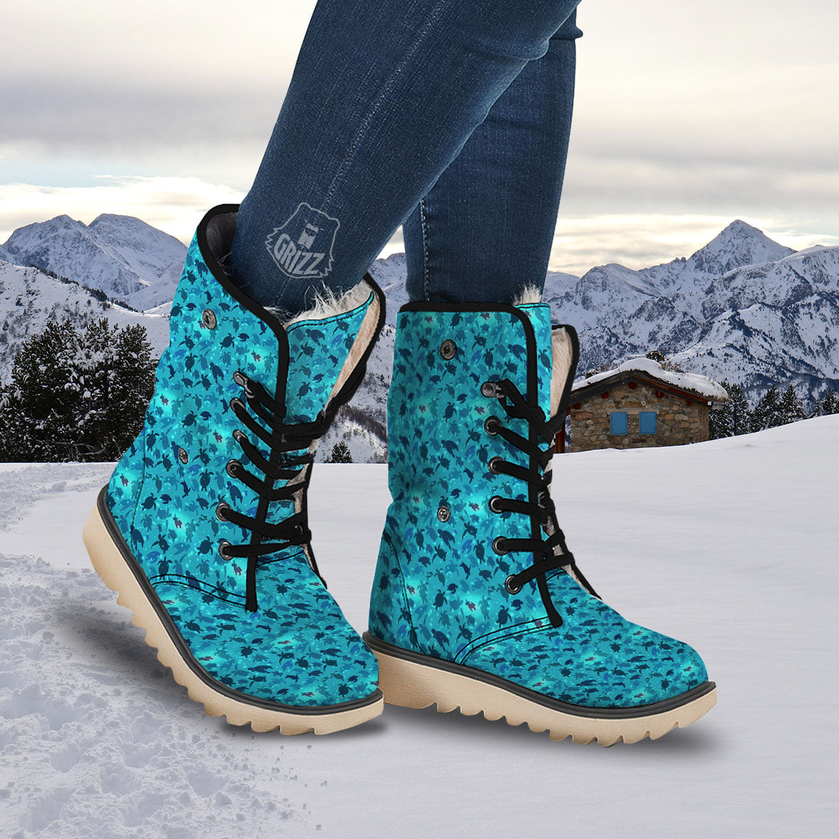 Sea Turtle Black And Blue Print Pattern Snow Boots-grizzshop