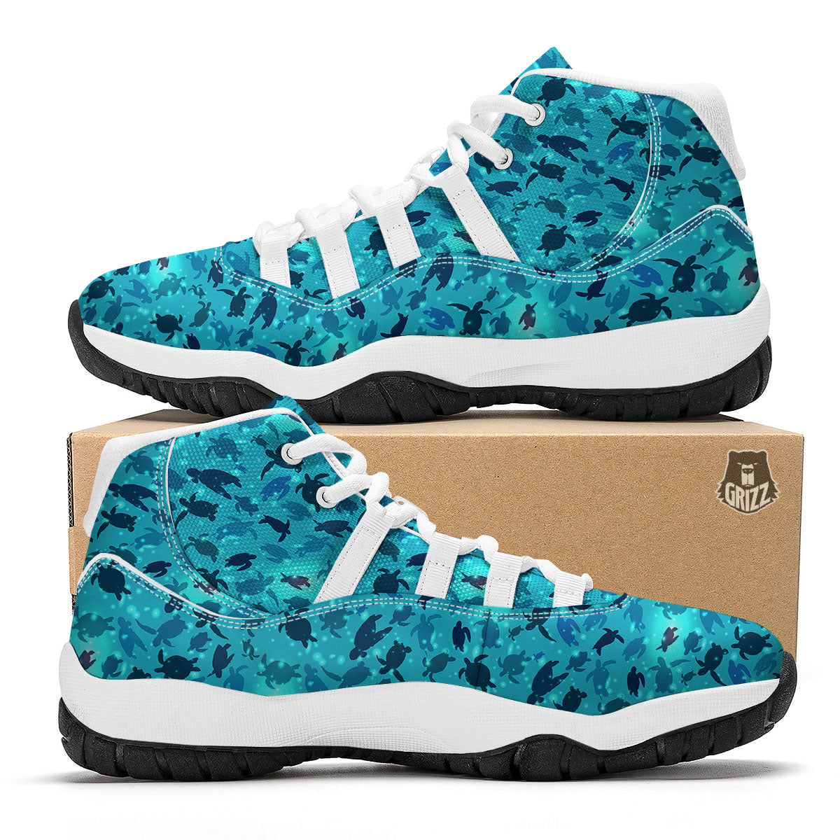 Sea Turtle Black And Blue Print Pattern White Bball Shoes-grizzshop