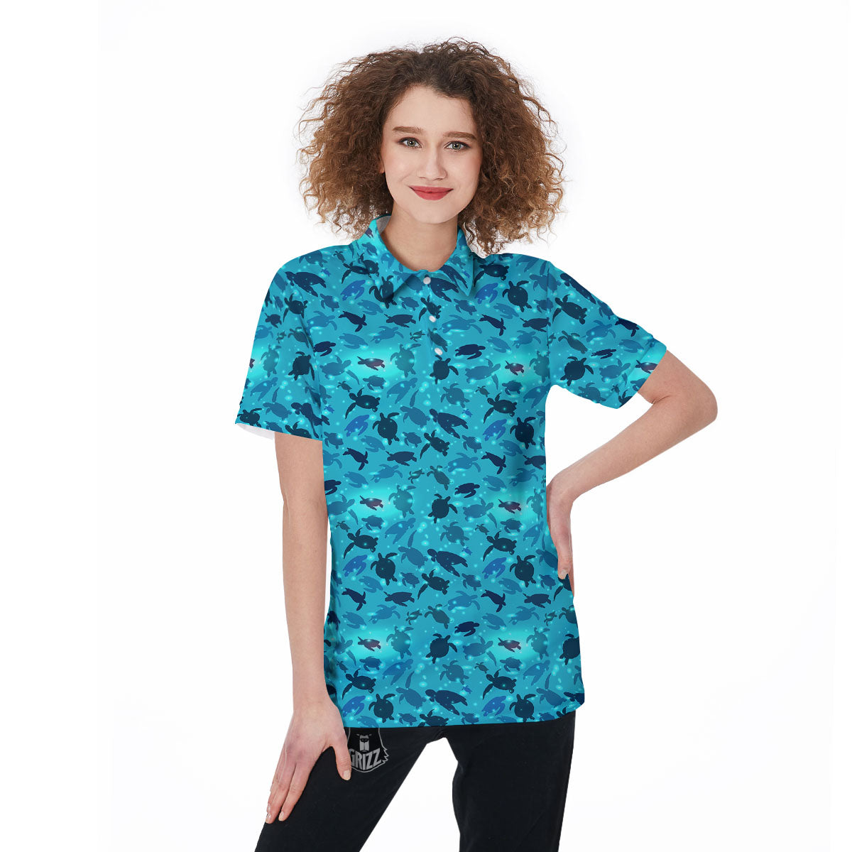 Sea Turtle Black And Blue Print Pattern Women's Golf Shirts-grizzshop