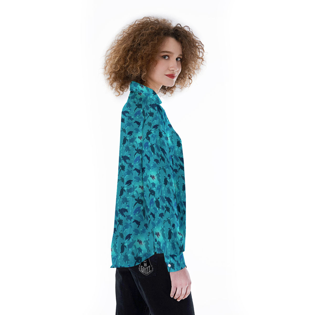 Sea Turtle Black And Blue Print Pattern Women's Long Sleeve Shirts-grizzshop