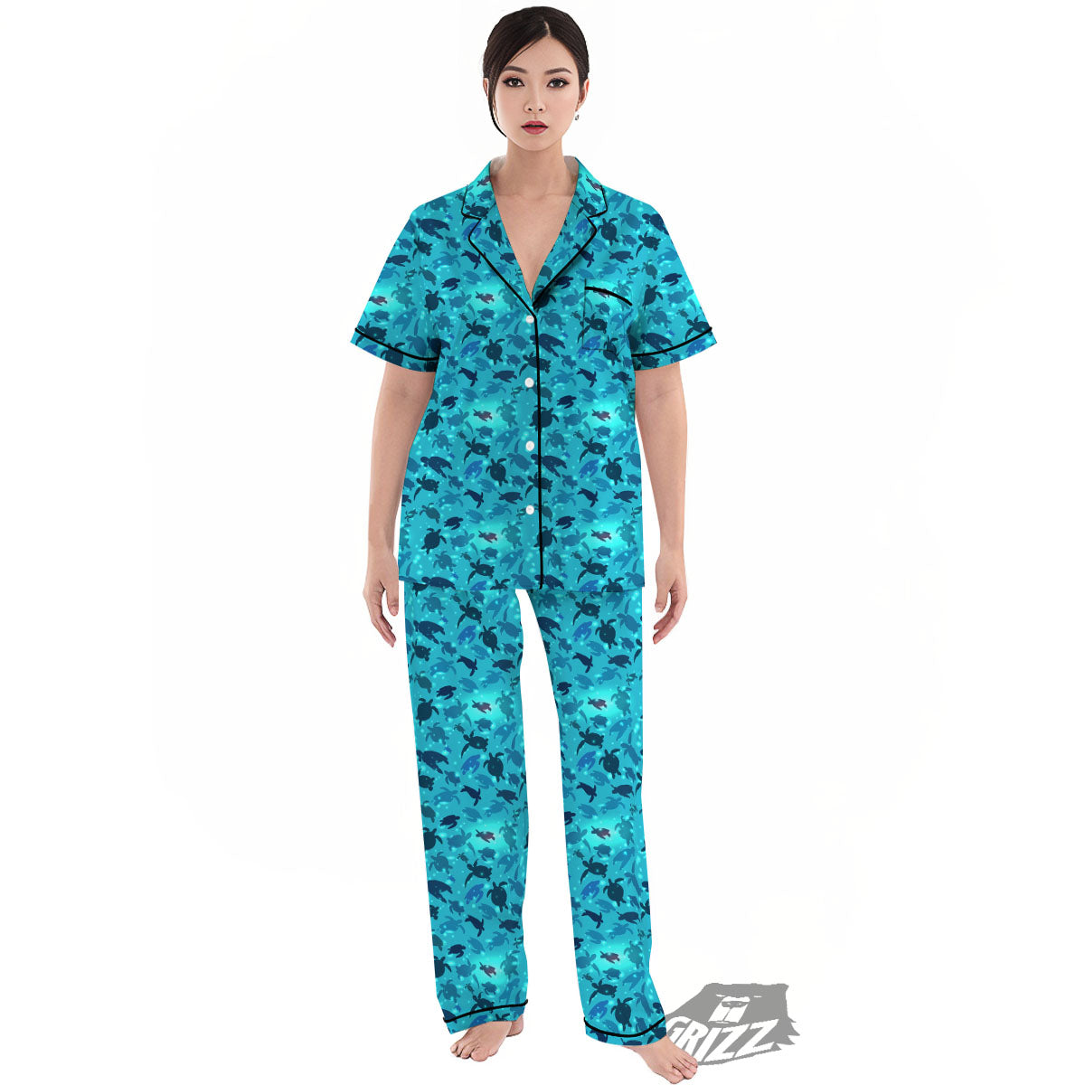 Sea Turtle Black And Blue Print Pattern Women's Pajamas Set-grizzshop