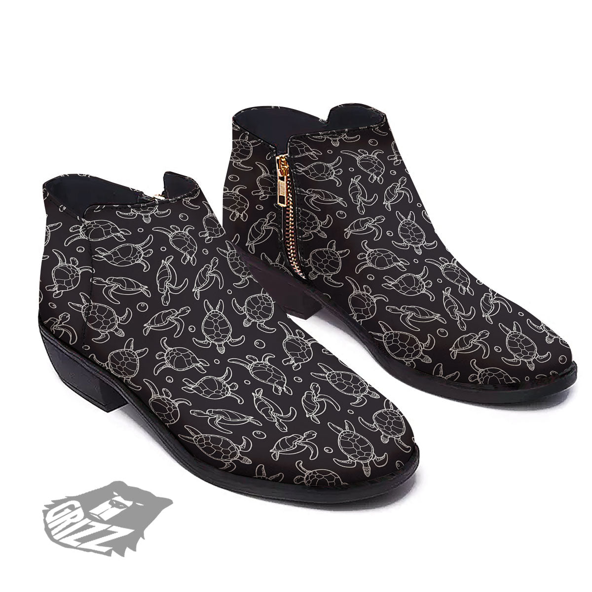 Sea Turtle Black And White Print Pattern Ankle Boots-grizzshop