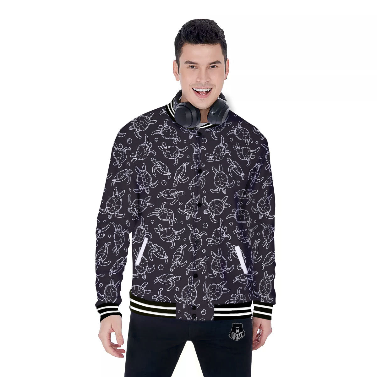 Sea Turtle Black And White Print Pattern Baseball Jacket-grizzshop