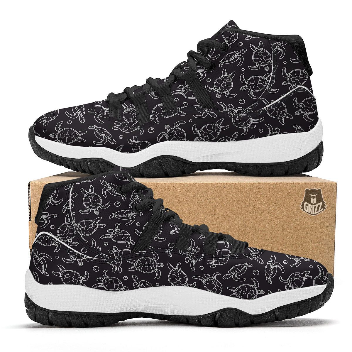 Sea Turtle Black And White Print Pattern Black Bball Shoes-grizzshop