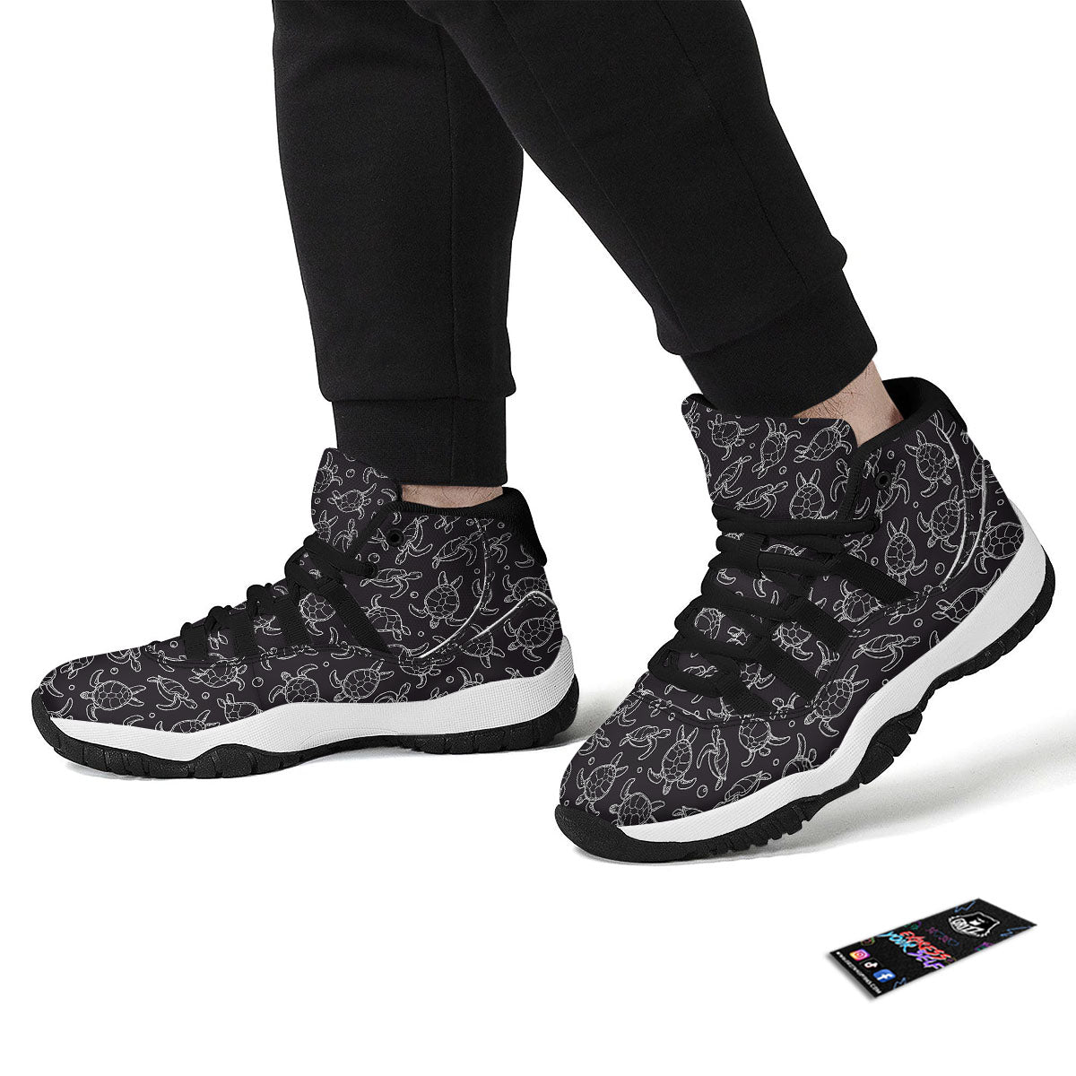 Sea Turtle Black And White Print Pattern Black Bball Shoes-grizzshop
