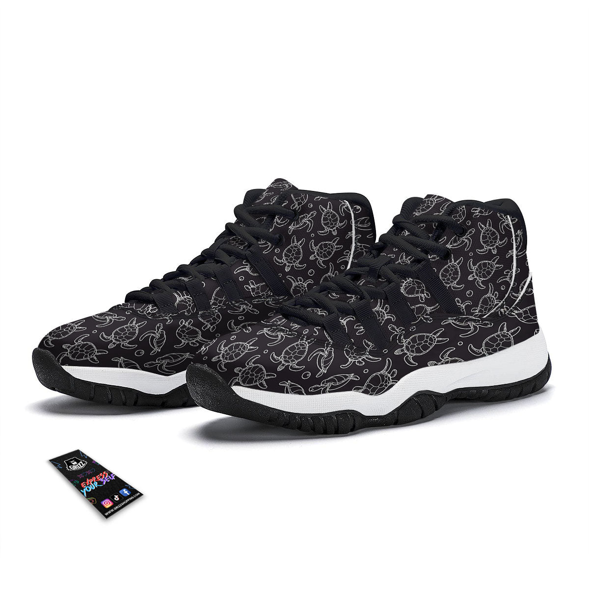 Sea Turtle Black And White Print Pattern Black Bball Shoes-grizzshop