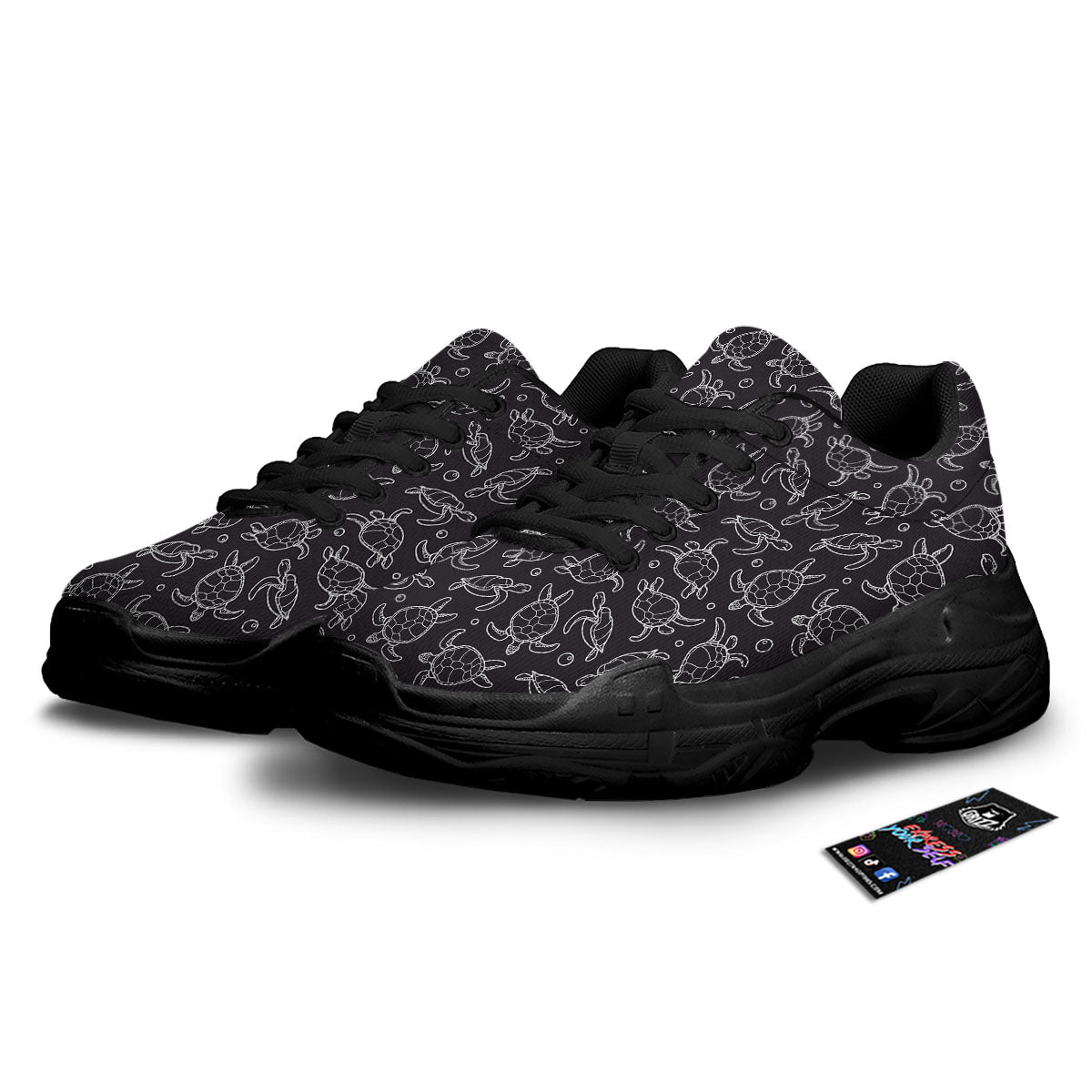 Sea Turtle Black And White Print Pattern Black Chunky Shoes-grizzshop