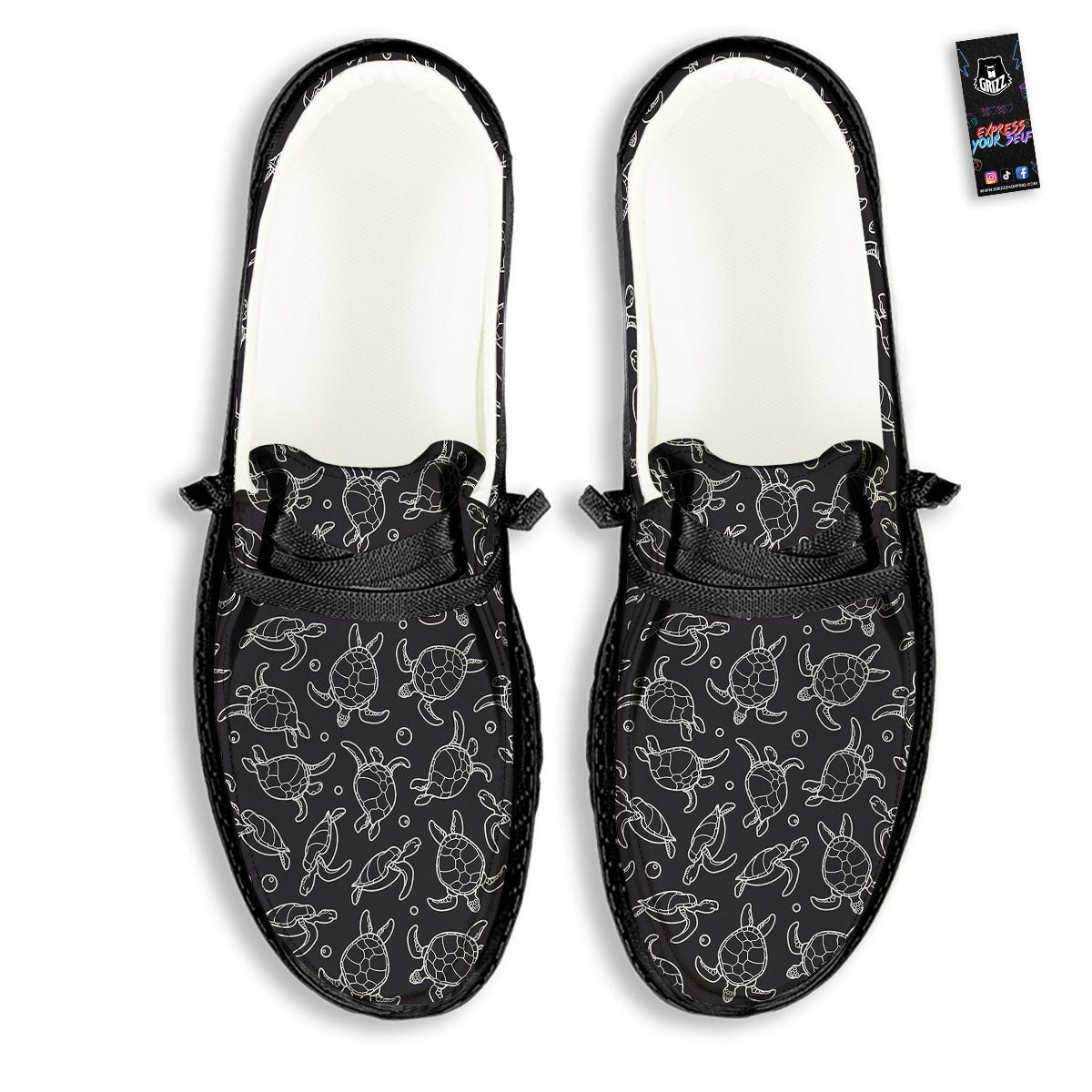 Sea Turtle Black And White Print Pattern Black Loafers-grizzshop