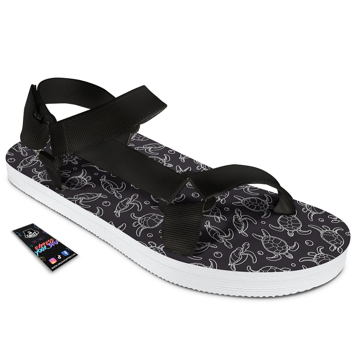 Sea Turtle Black And White Print Pattern Black Open Toe Sandals-grizzshop