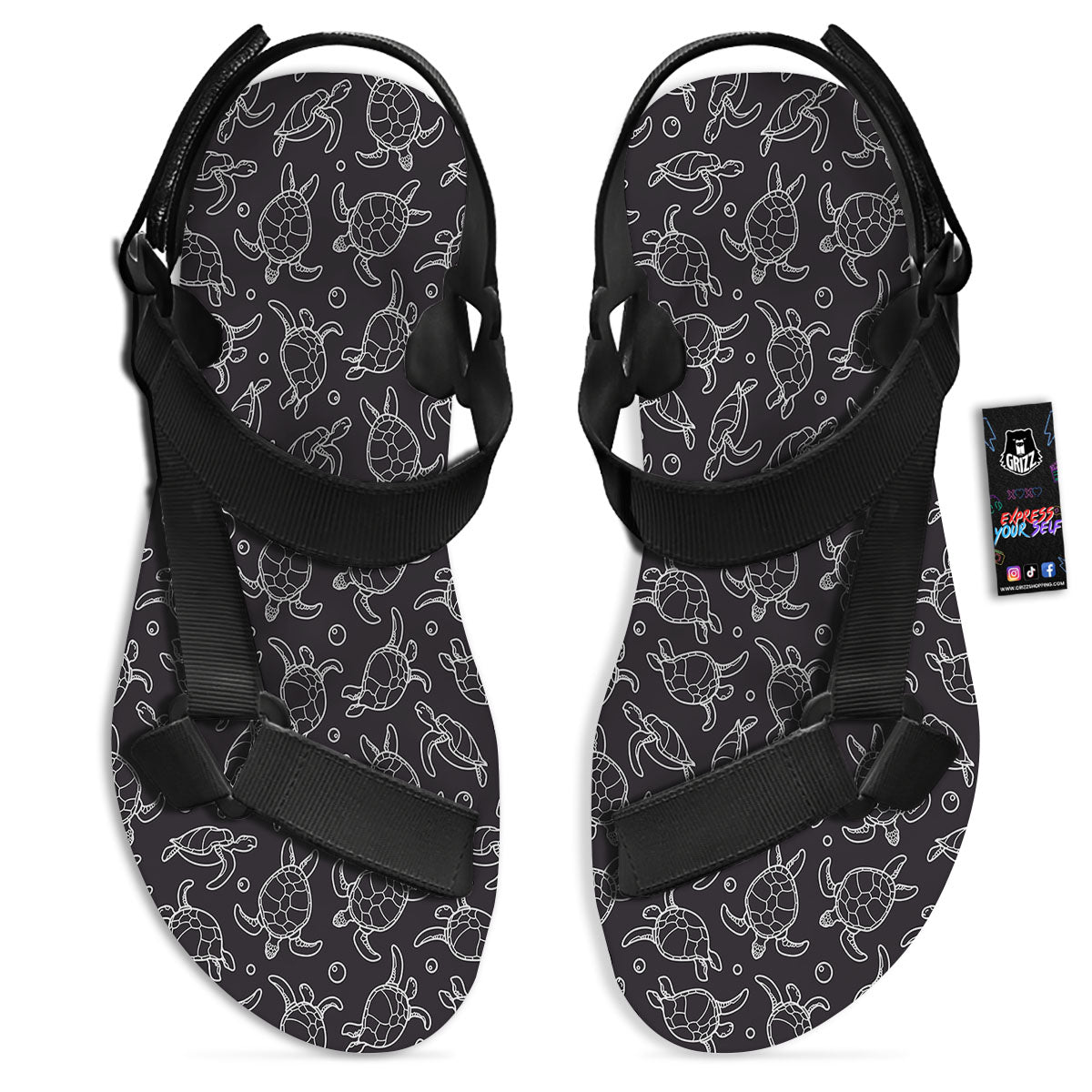 Sea Turtle Black And White Print Pattern Black Open Toe Sandals-grizzshop