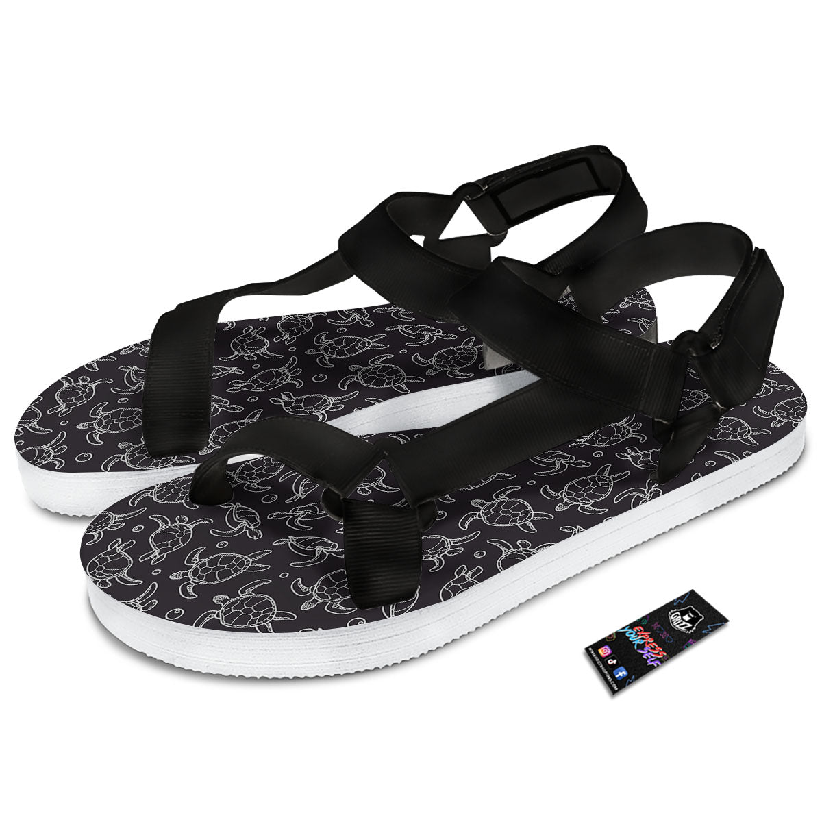 Sea Turtle Black And White Print Pattern Black Open Toe Sandals-grizzshop