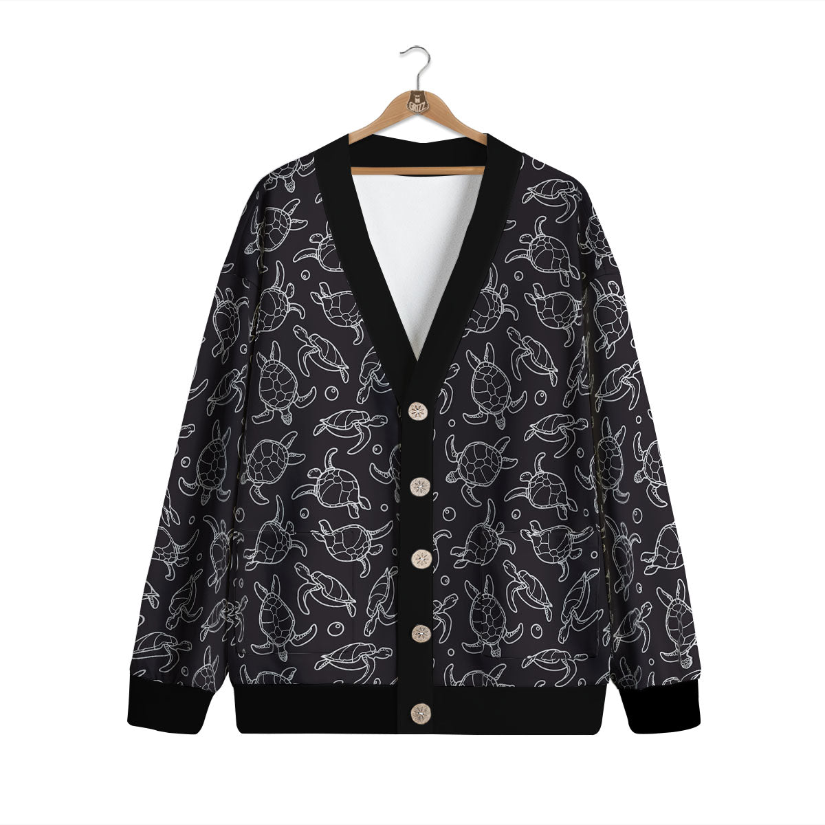 Sea Turtle Black And White Print Pattern Cardigan-grizzshop