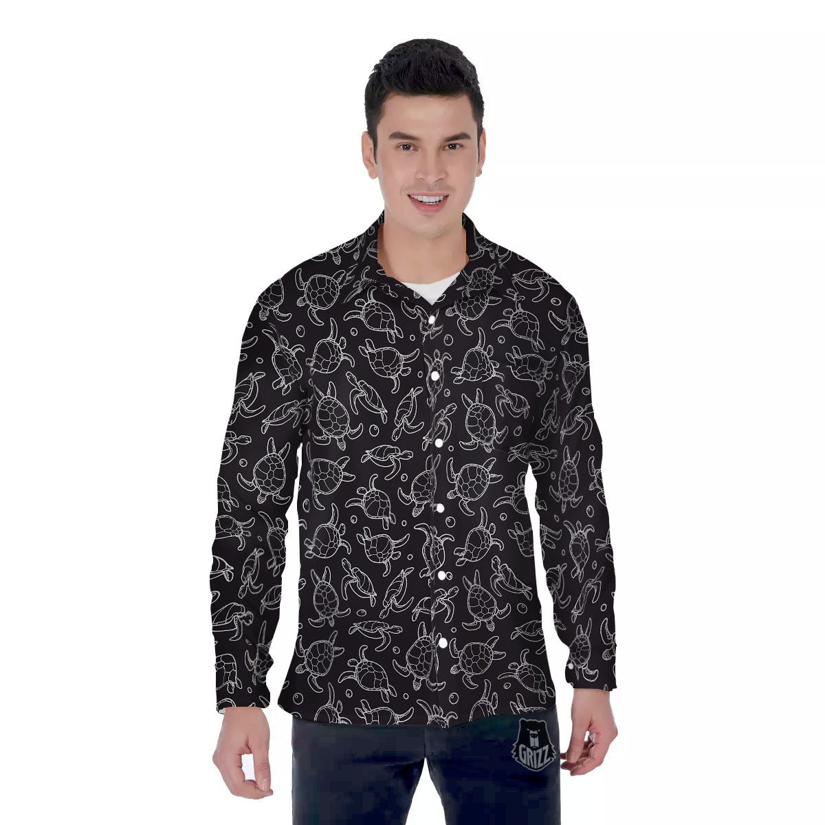 Sea Turtle Black And White Print Pattern Men's Long Sleeve Shirts-grizzshop