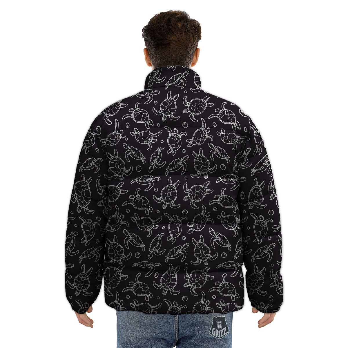 Sea Turtle Black And White Print Pattern Puffer Jacket-grizzshop