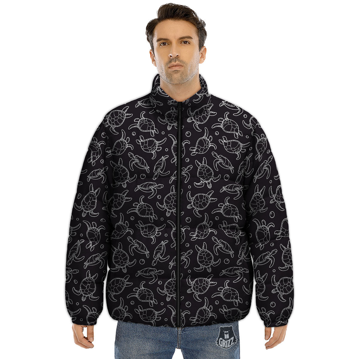 Sea Turtle Black And White Print Pattern Puffer Jacket-grizzshop