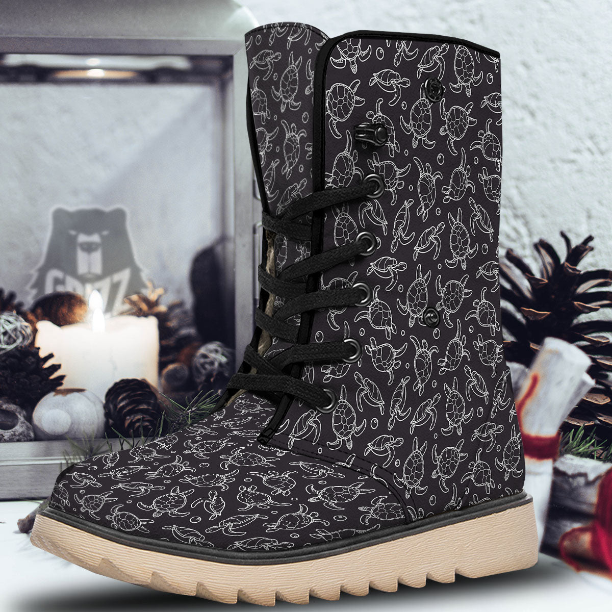 Sea Turtle Black And White Print Pattern Snow Boots-grizzshop