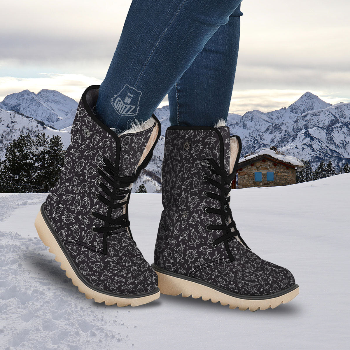 Sea Turtle Black And White Print Pattern Snow Boots-grizzshop