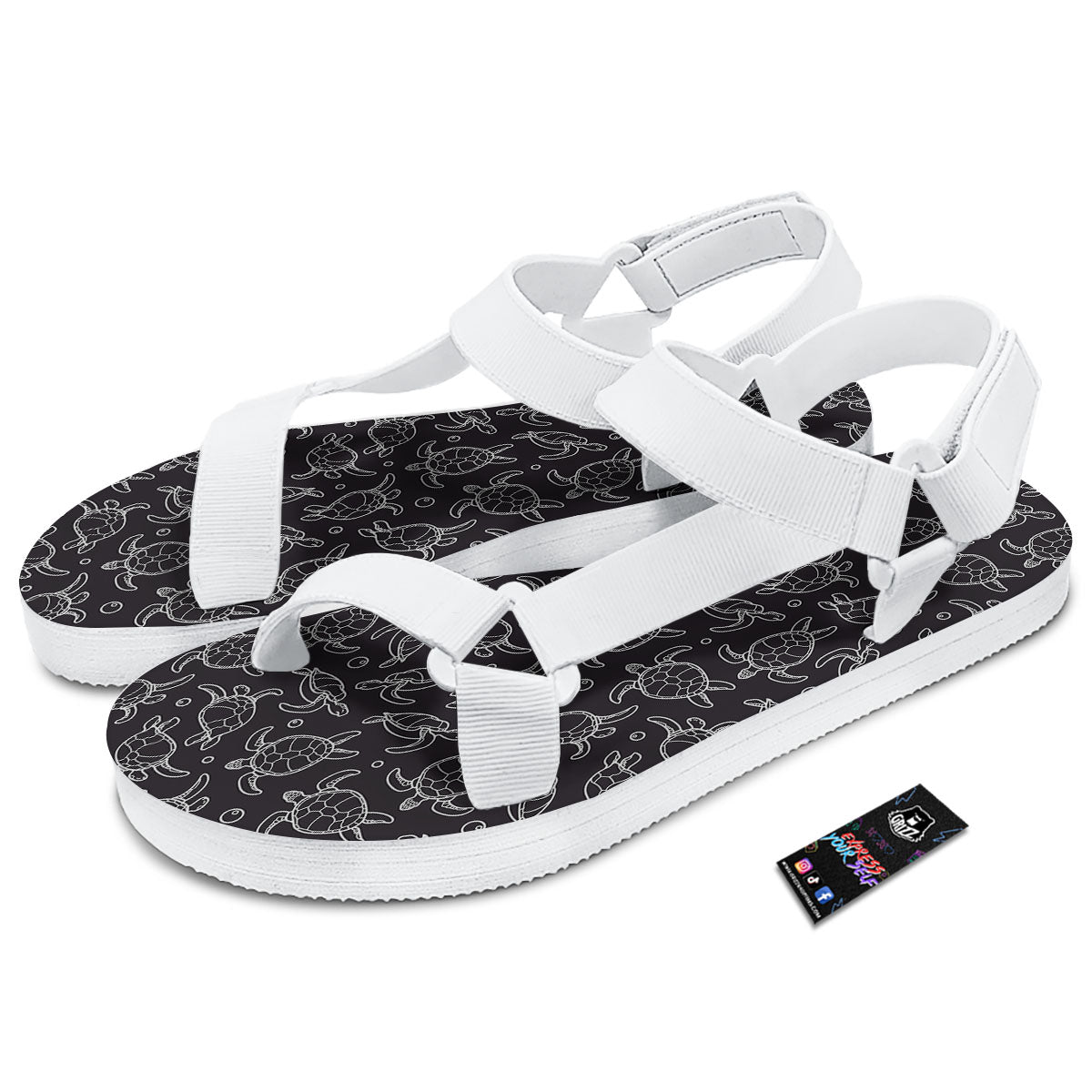 Sea Turtle Black And White Print Pattern White Open Toe Sandals-grizzshop