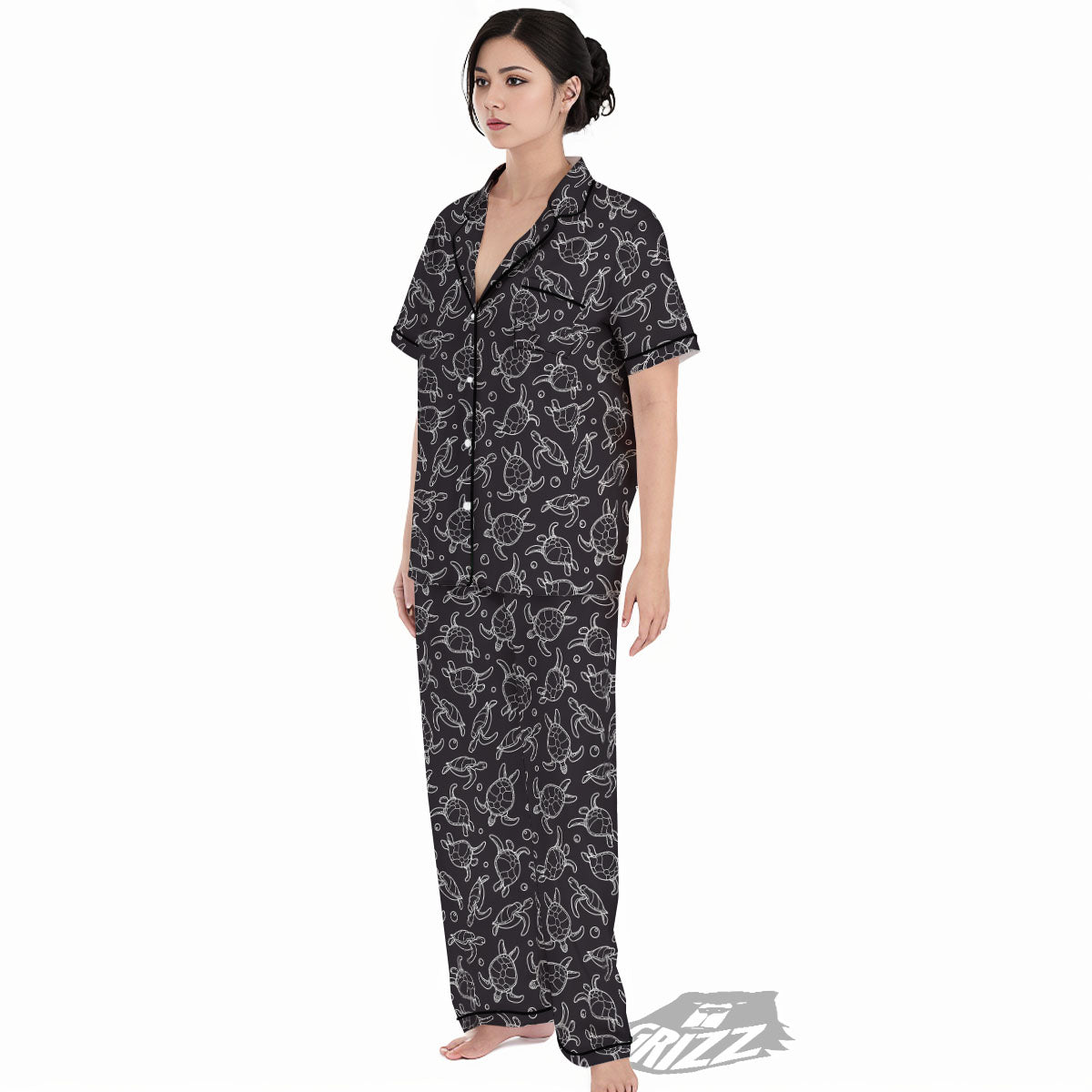 Sea Turtle Black And White Print Pattern Women's Pajamas Set-grizzshop