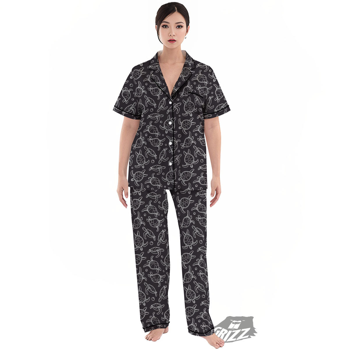 Sea Turtle Black And White Print Pattern Women's Pajamas Set-grizzshop