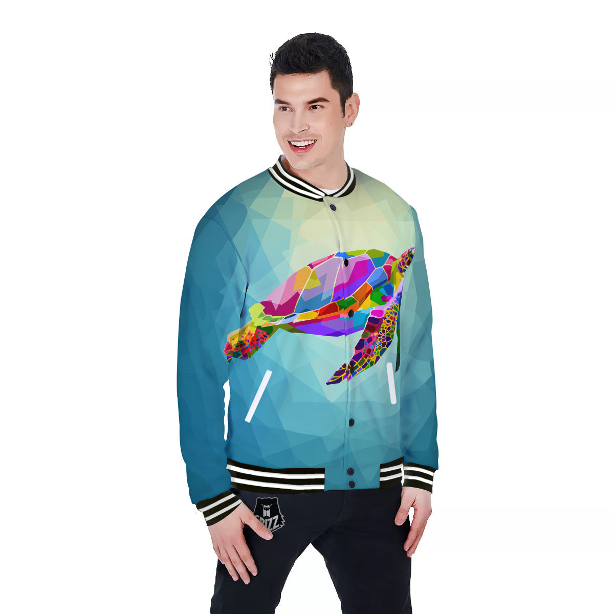 Sea Turtle Colorful Print Baseball Jacket-grizzshop