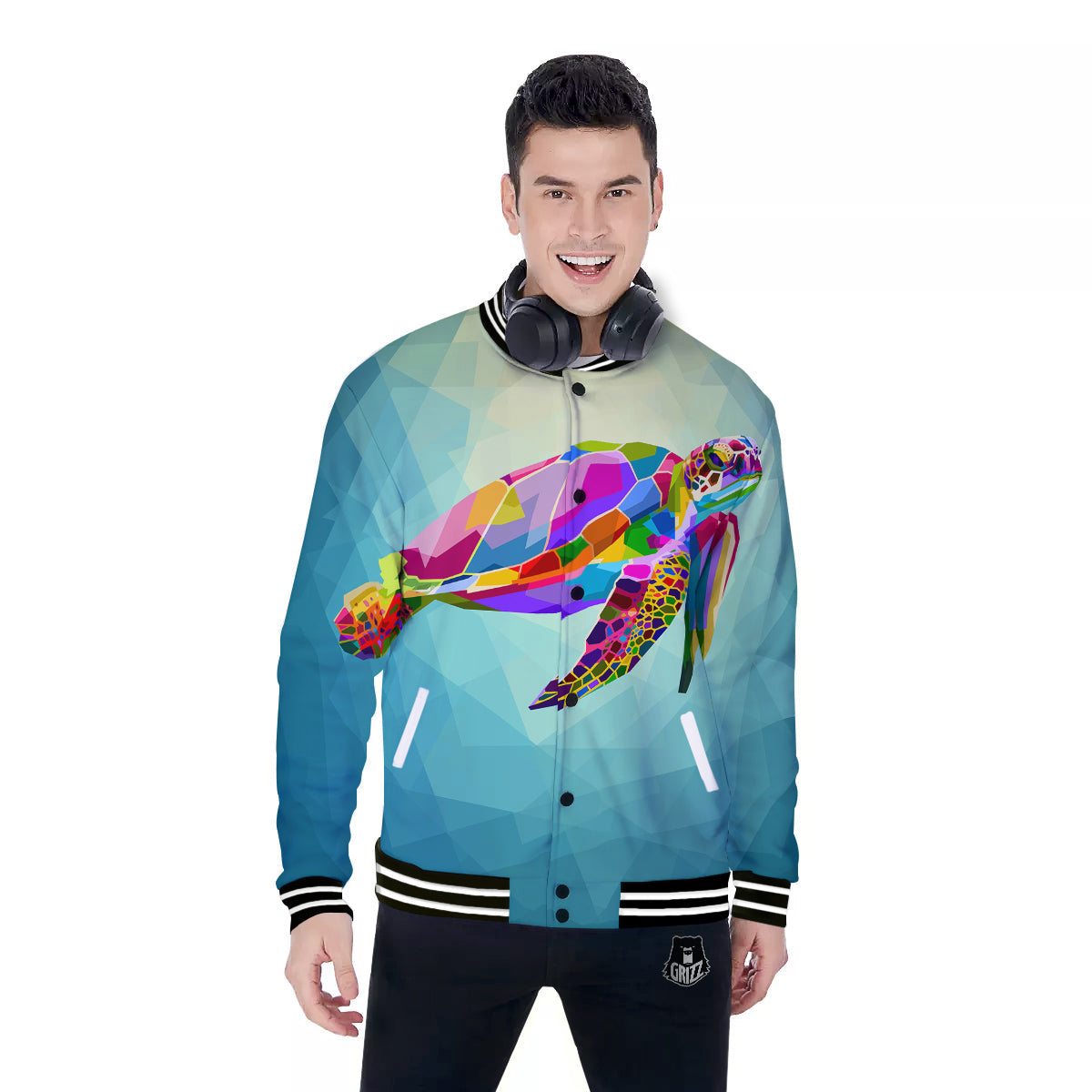 Sea Turtle Colorful Print Baseball Jacket-grizzshop