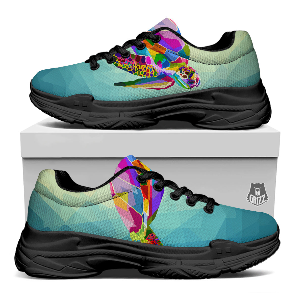 Sea Turtle Colorful Print Black Chunky Shoes-grizzshop