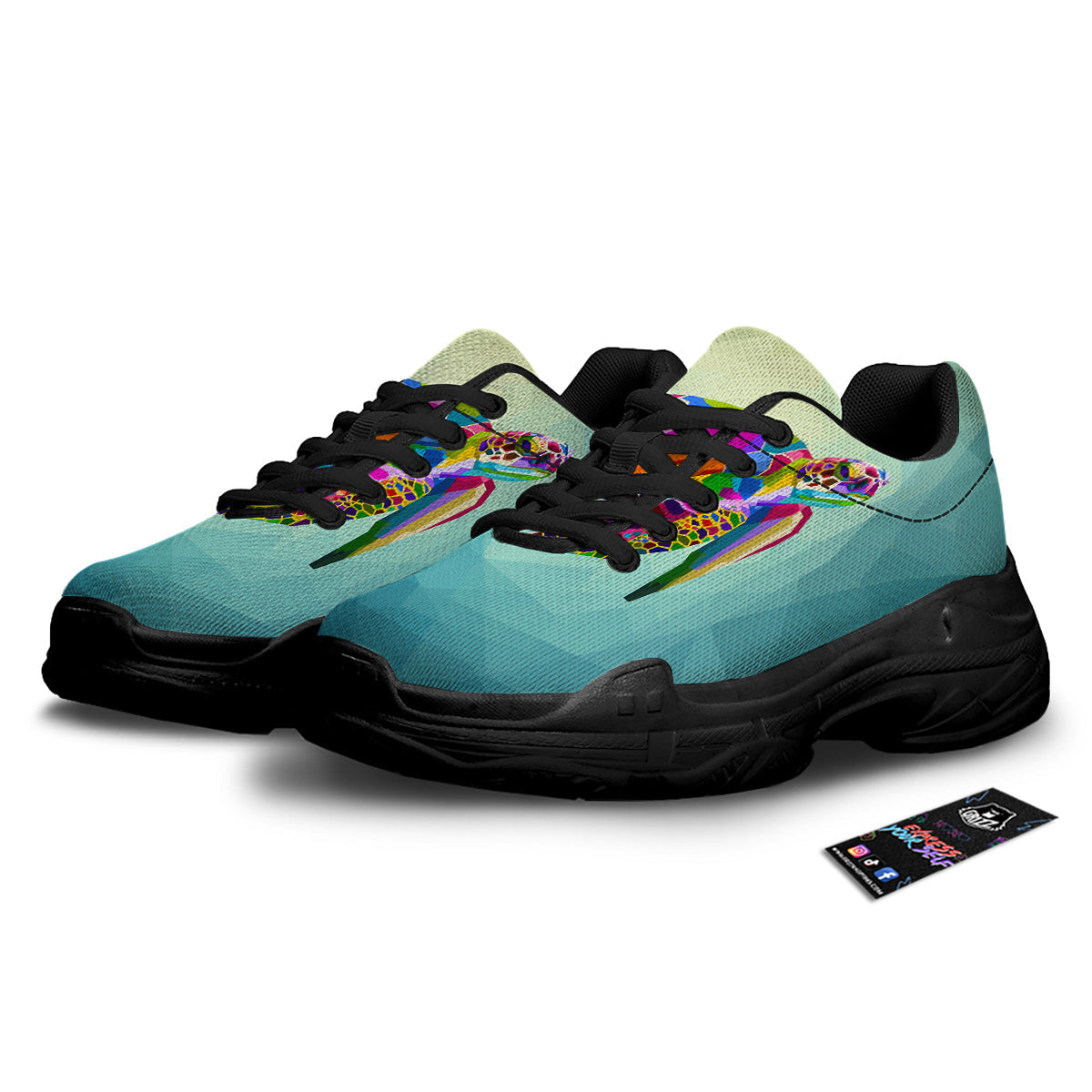 Sea Turtle Colorful Print Black Chunky Shoes-grizzshop