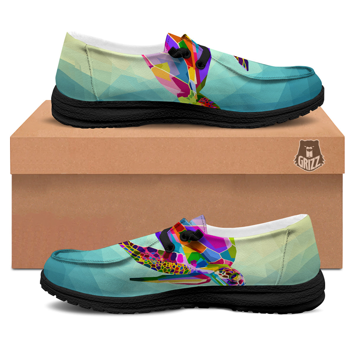 Sea Turtle Colorful Print Black Loafers-grizzshop