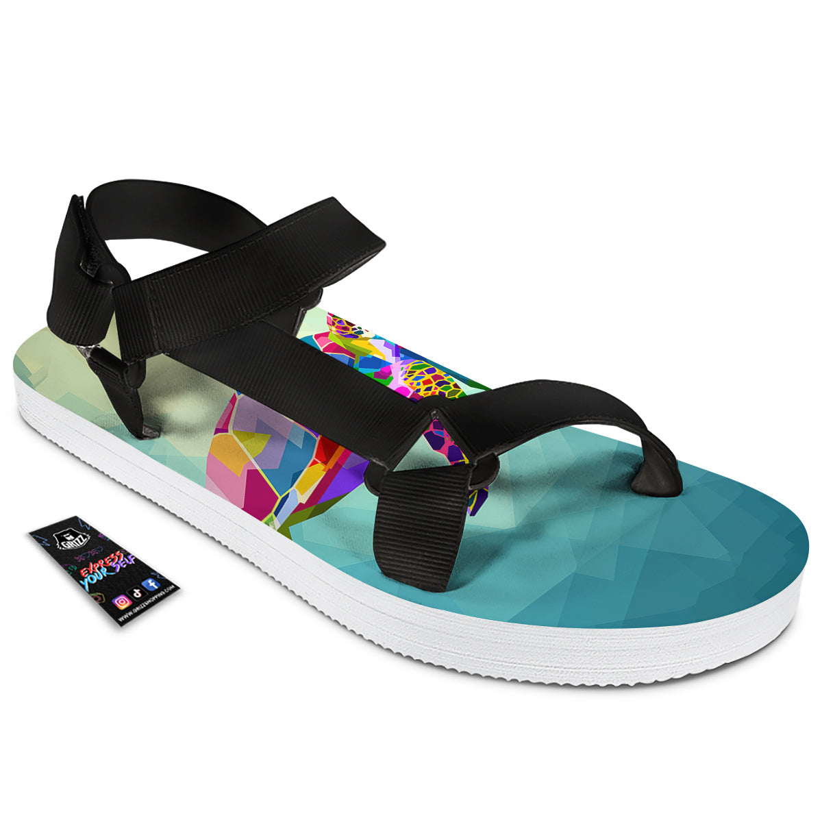 Sea Turtle Colorful Print Black Open Toe Sandals-grizzshop