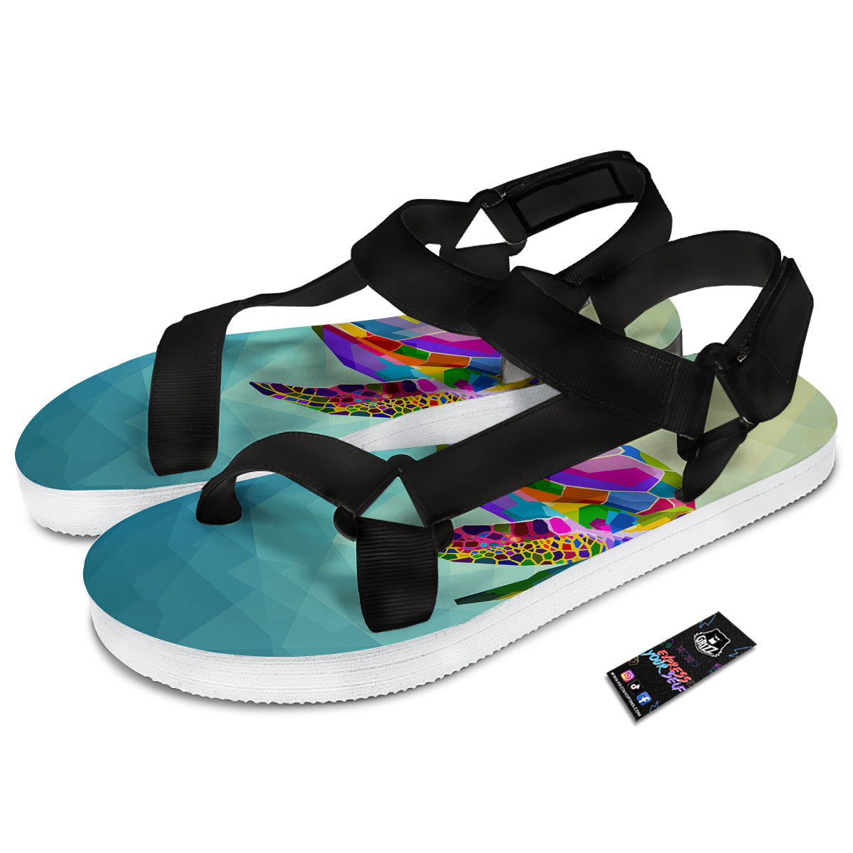 Sea Turtle Colorful Print Black Open Toe Sandals-grizzshop