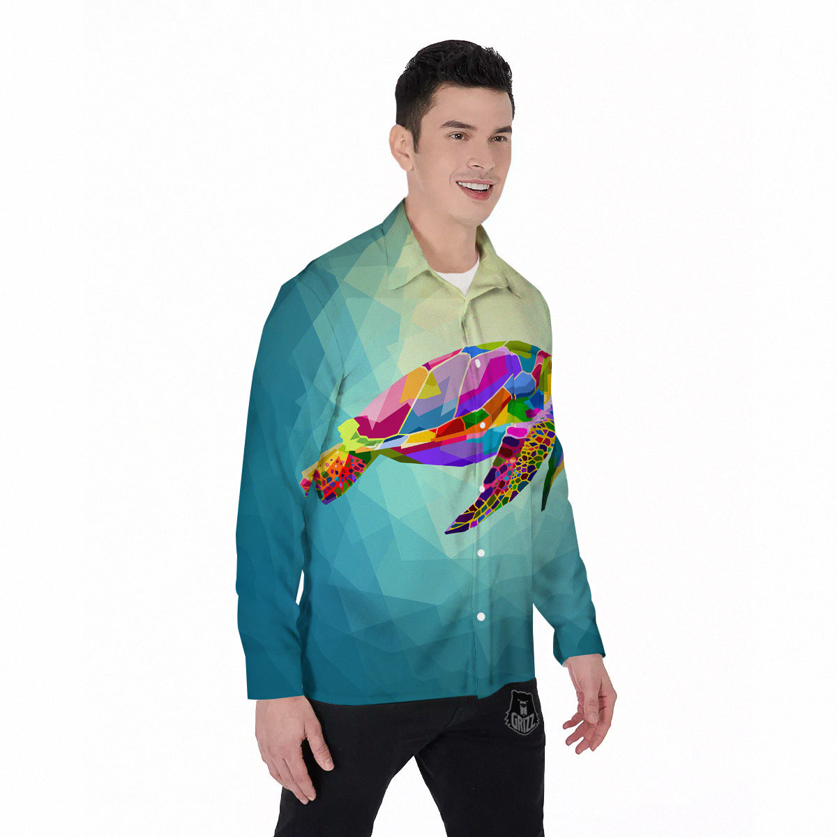 Sea Turtle Colorful Print Men's Long Sleeve Shirts-grizzshop