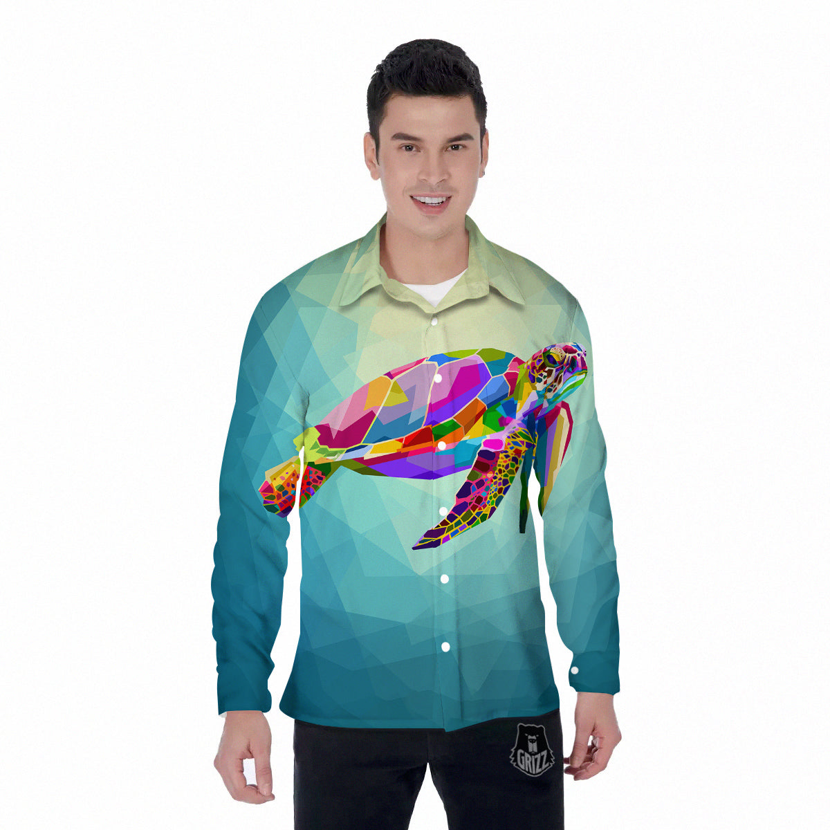 Sea Turtle Colorful Print Men's Long Sleeve Shirts-grizzshop