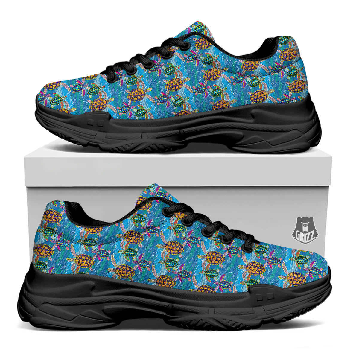 Sea Turtle Colorful Print Pattern Black Chunky Shoes-grizzshop