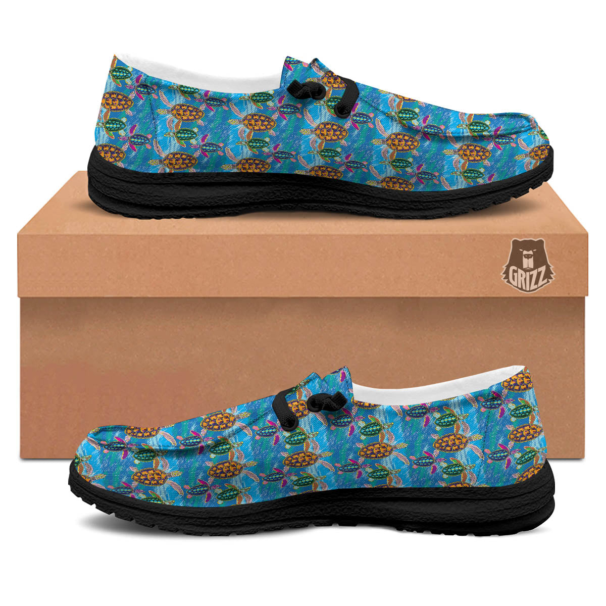 Sea Turtle Colorful Print Pattern Black Loafers-grizzshop