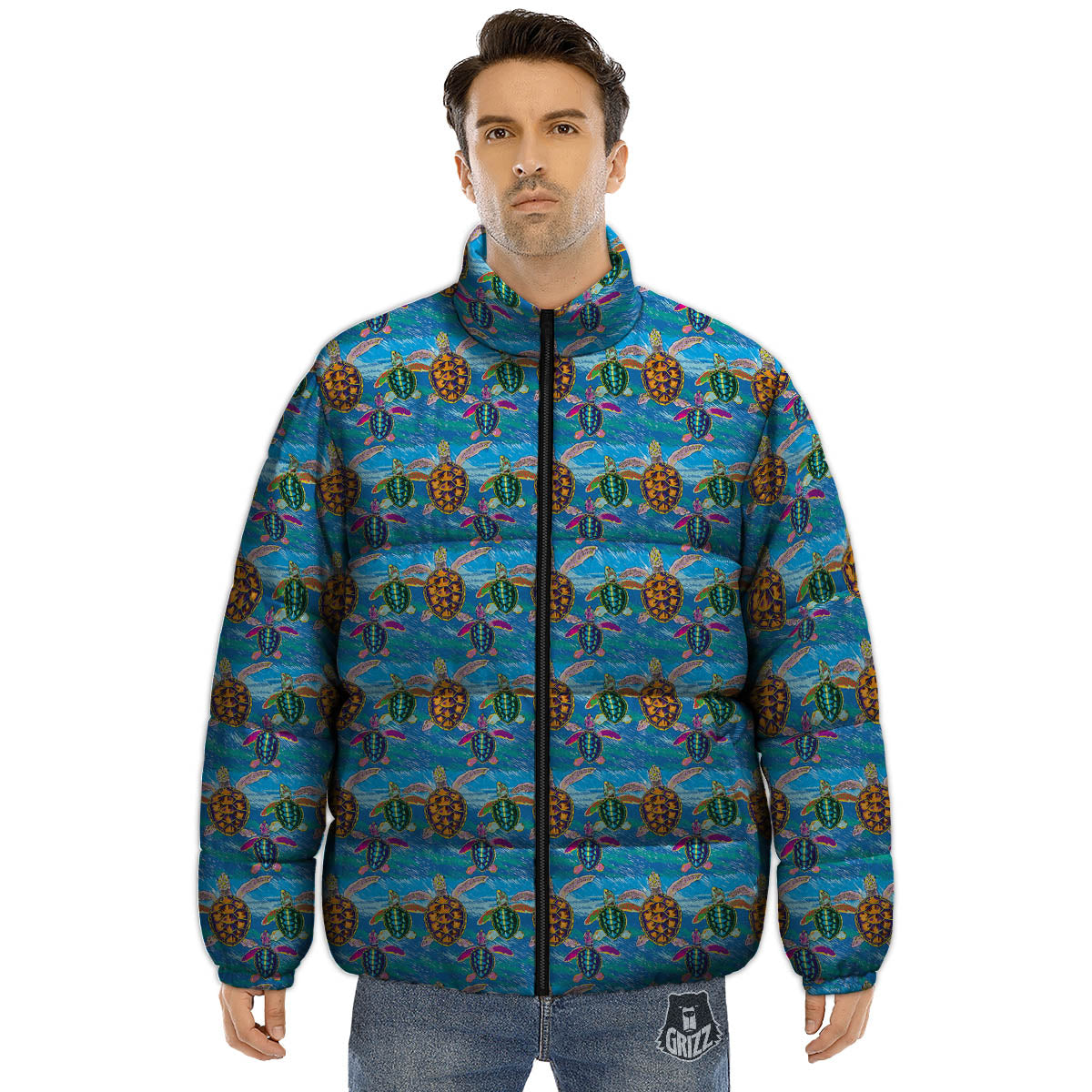 Sea Turtle Colorful Print Pattern Puffer Jacket-grizzshop